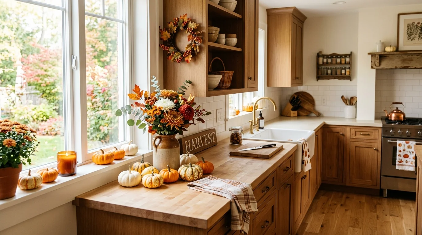 Decorate shelves with harvest textures