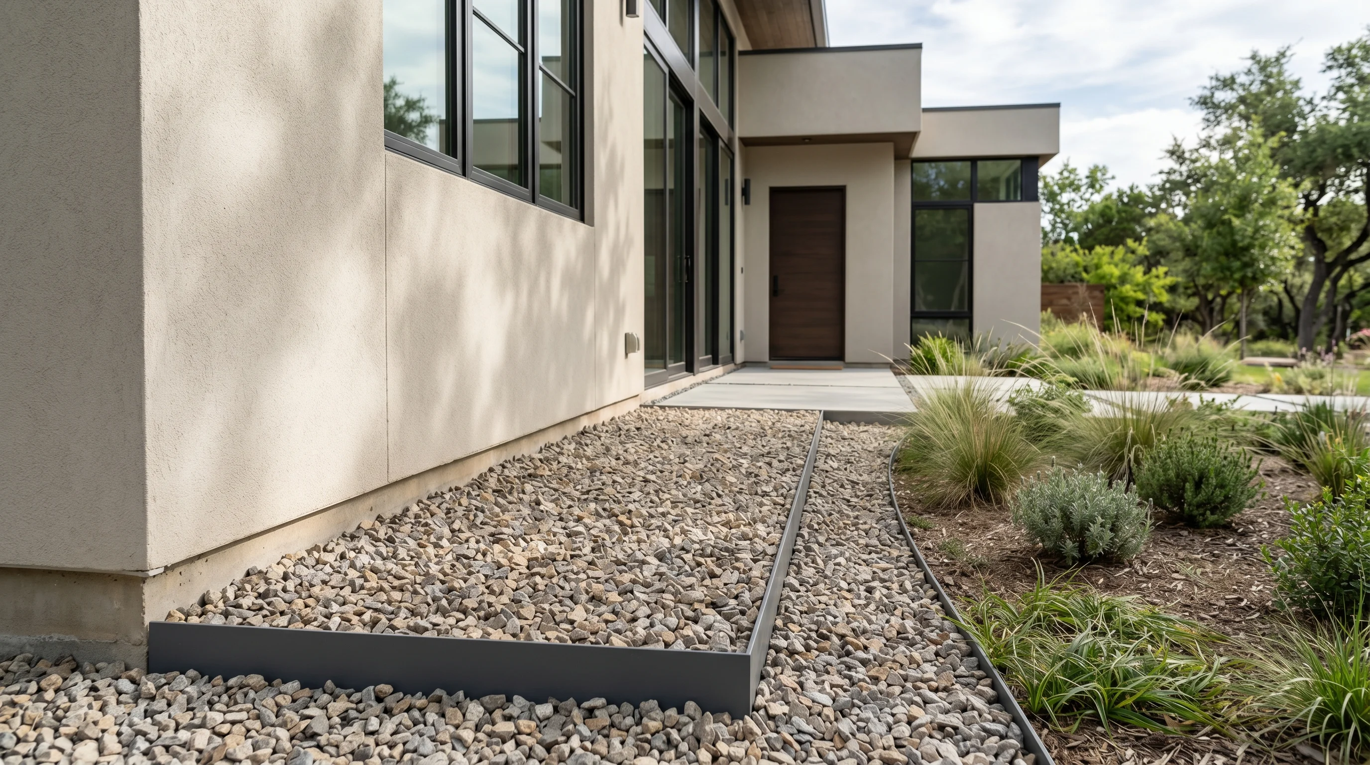 Rock border with ornamental grasses