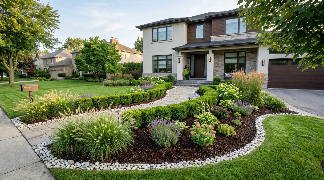 Front yard shrubs and mulch