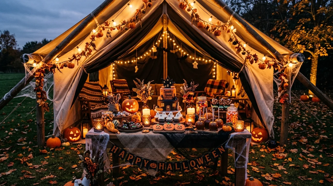 Add cobweb fabric around the poles