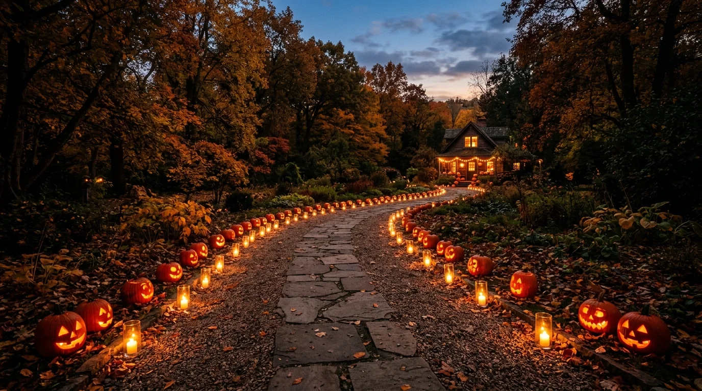 Frame the door with black garland and lanterns