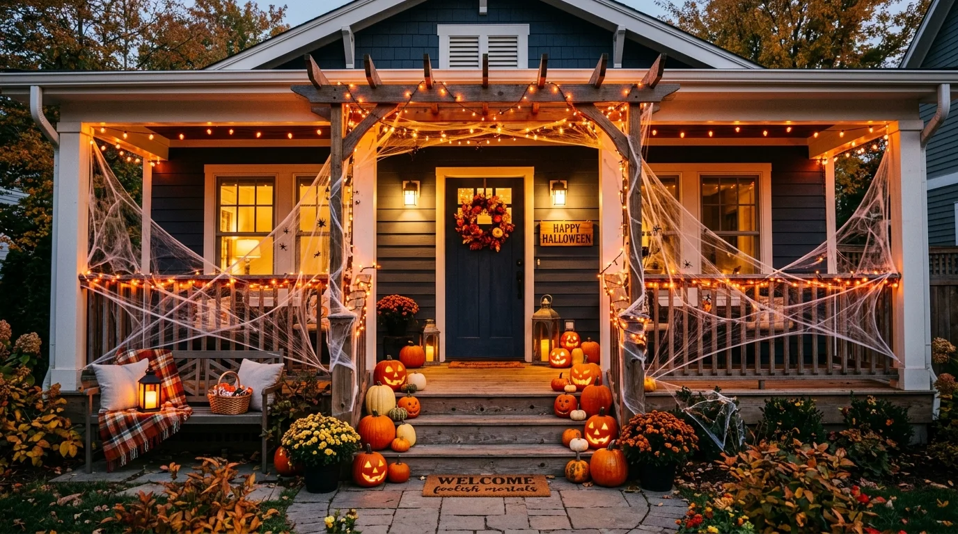 Make a spooky fence with webbing and spiders