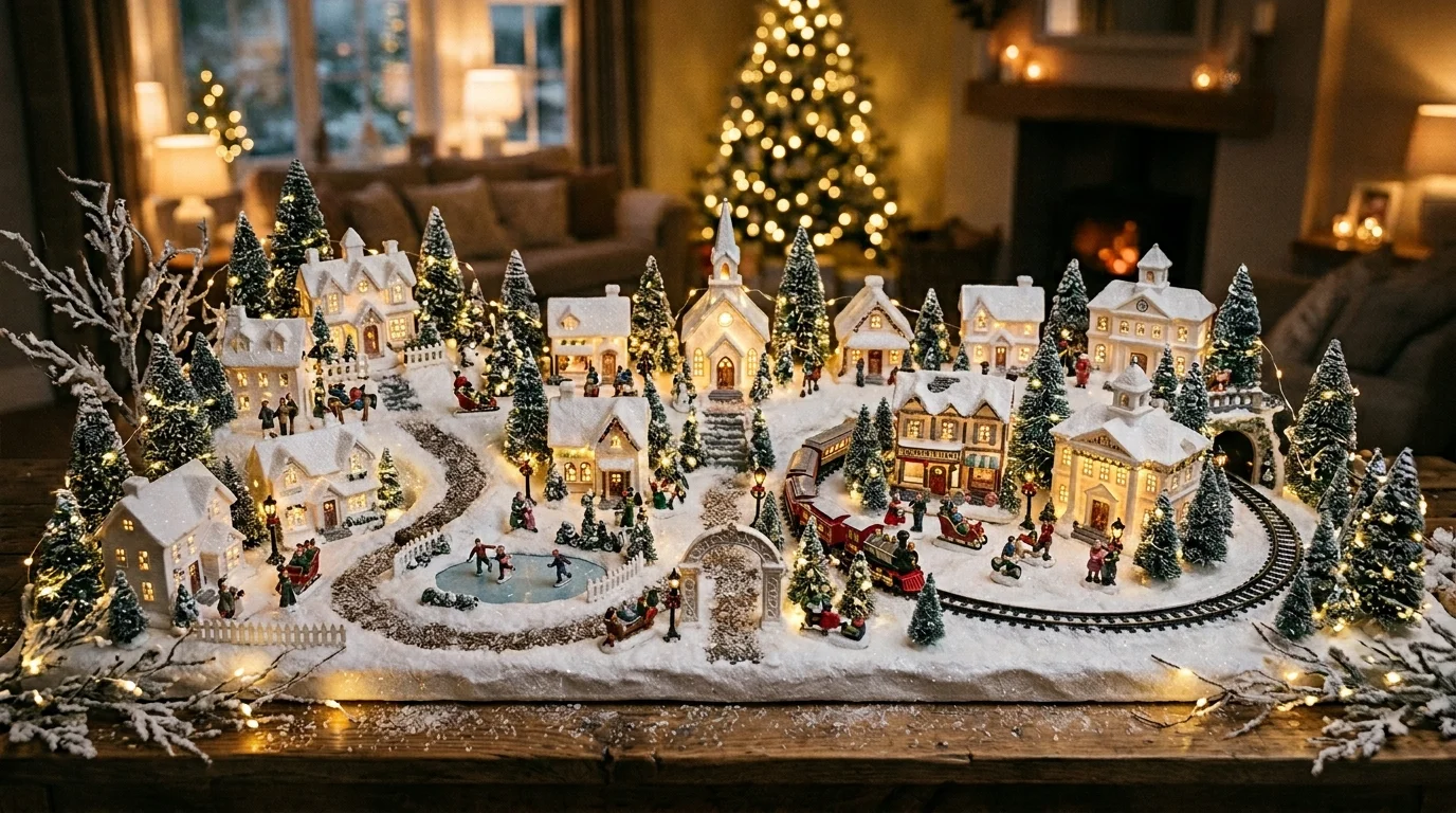 Create a snowy centerpiece with white houses
