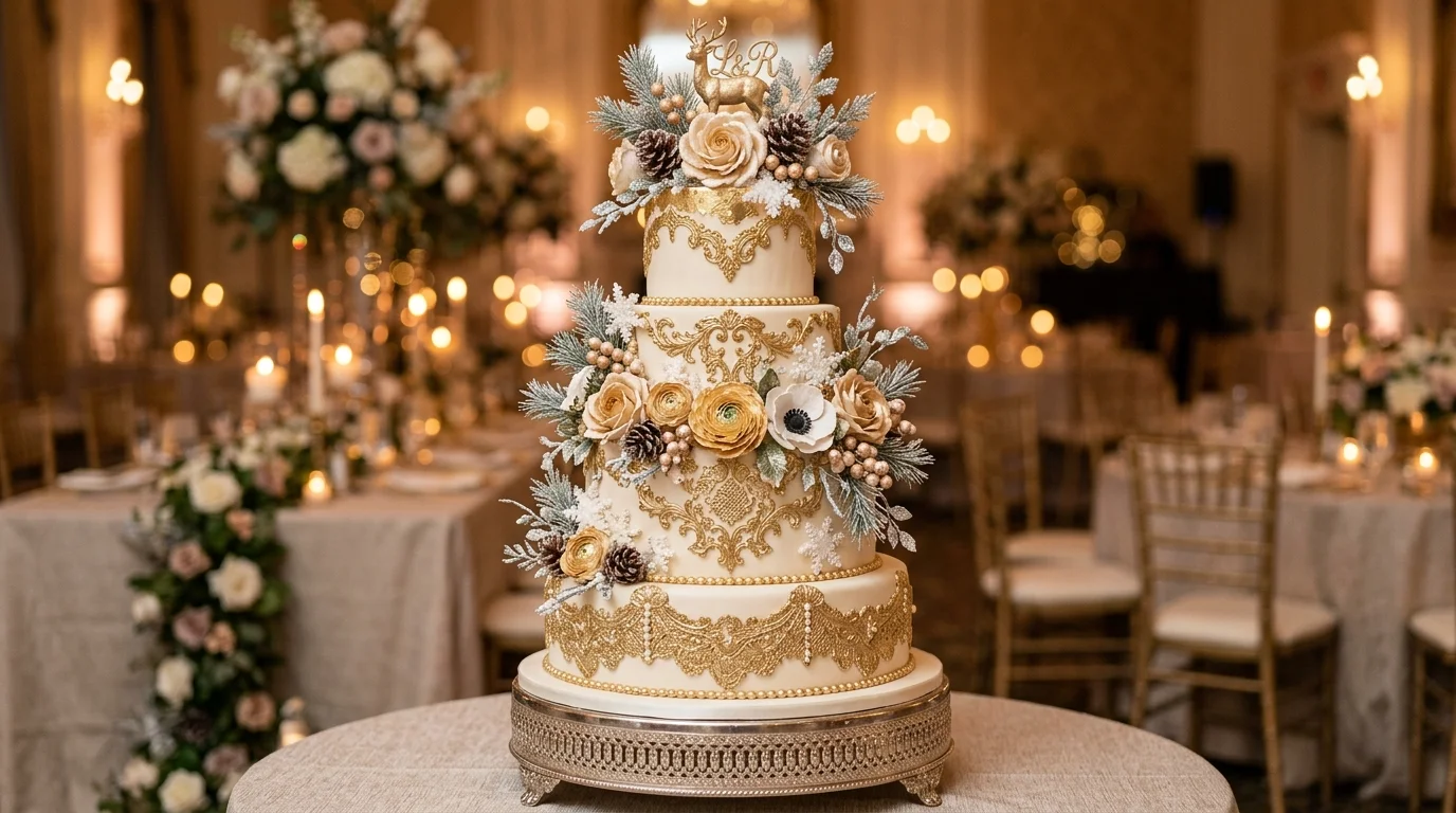 Choose a gold and white wedding cake
