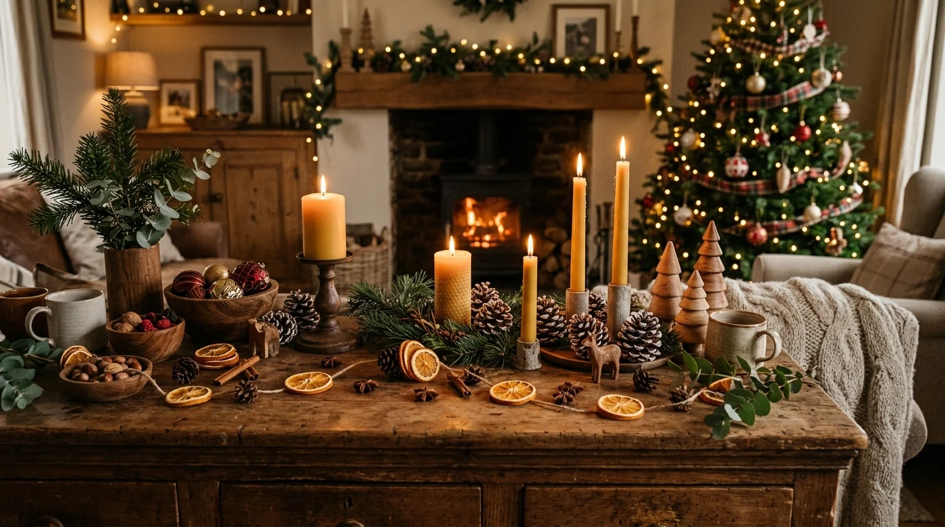 Fill a bowl with oranges, pinecones, and bells