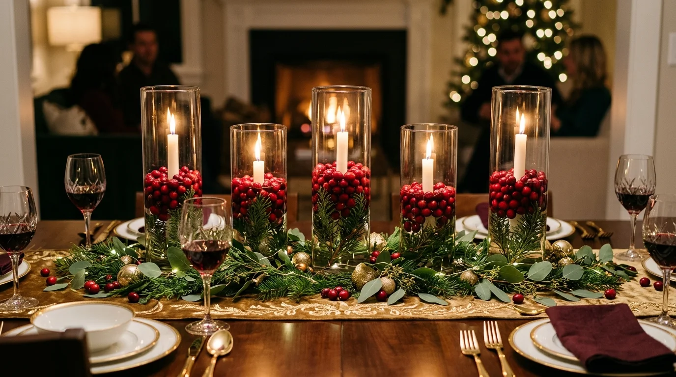 Style a greenery and cranberry tray