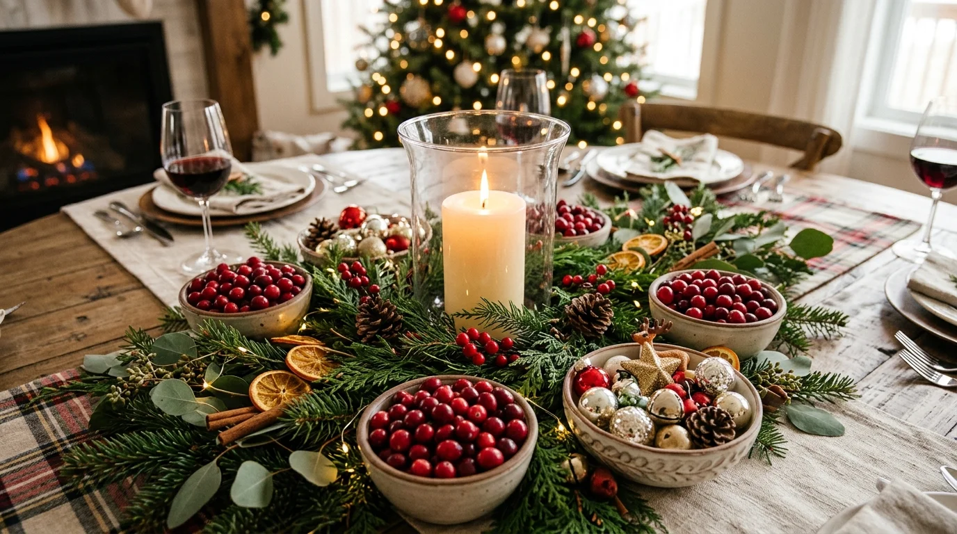 Mix cranberries with pinecones and oranges