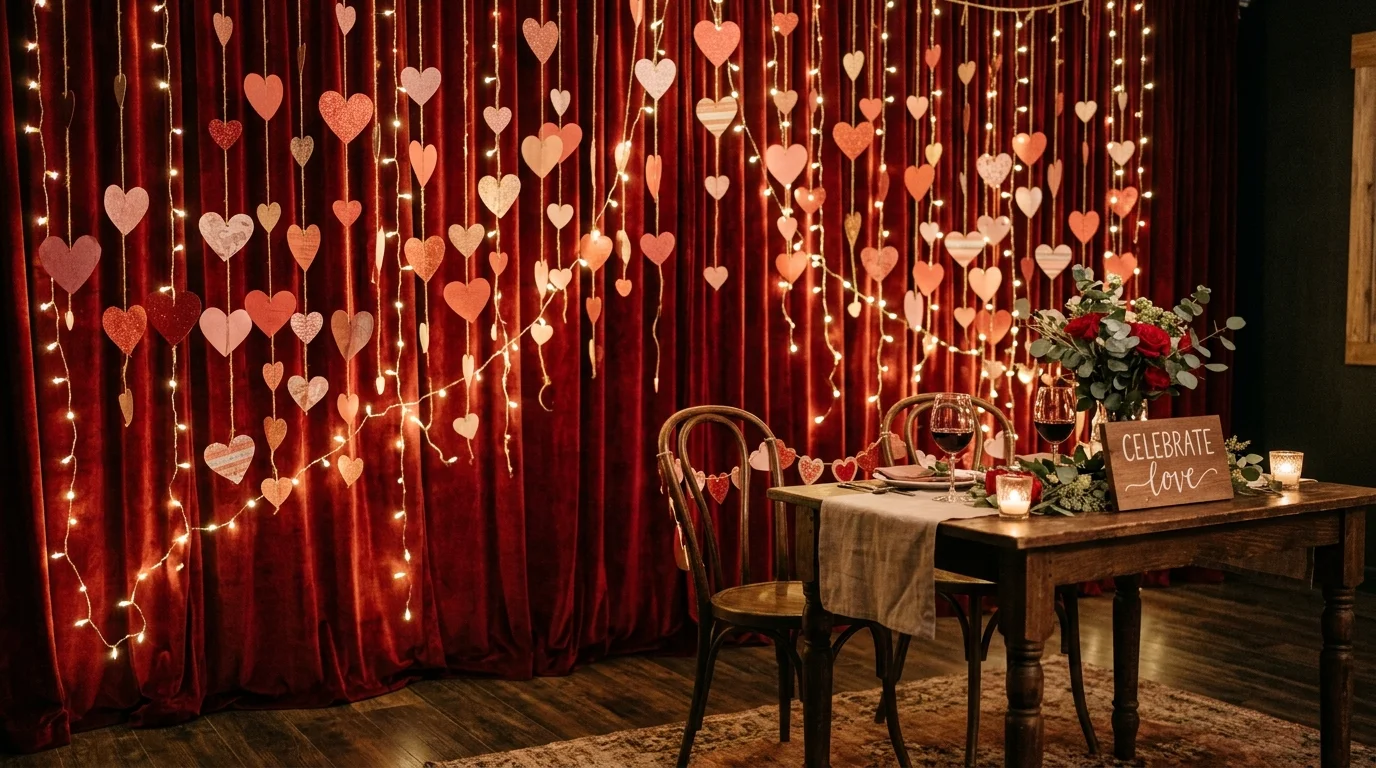 Hang heart garlands on a plain wall