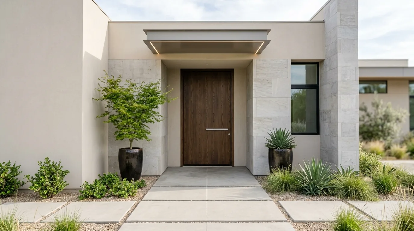 Frame the entry with structured planting