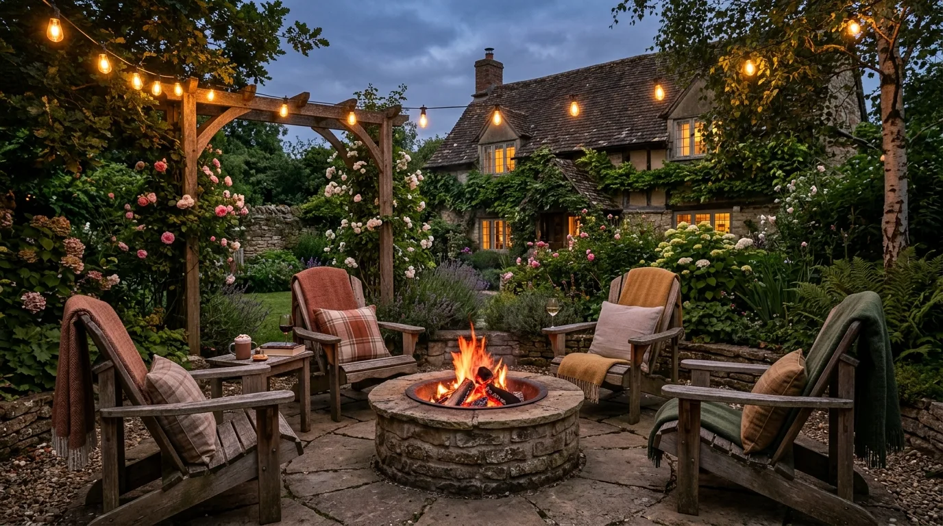 String lights cottage yard