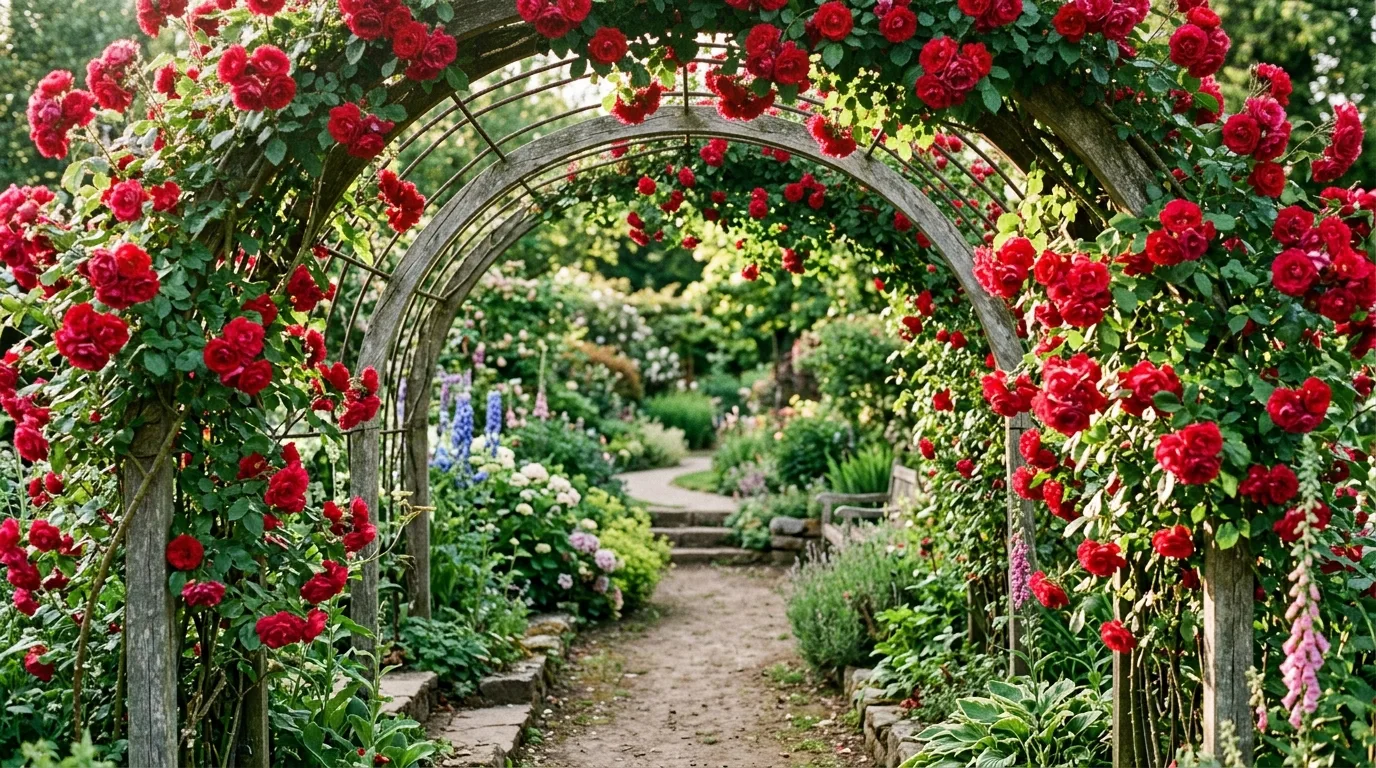 White arbor in cottage garden