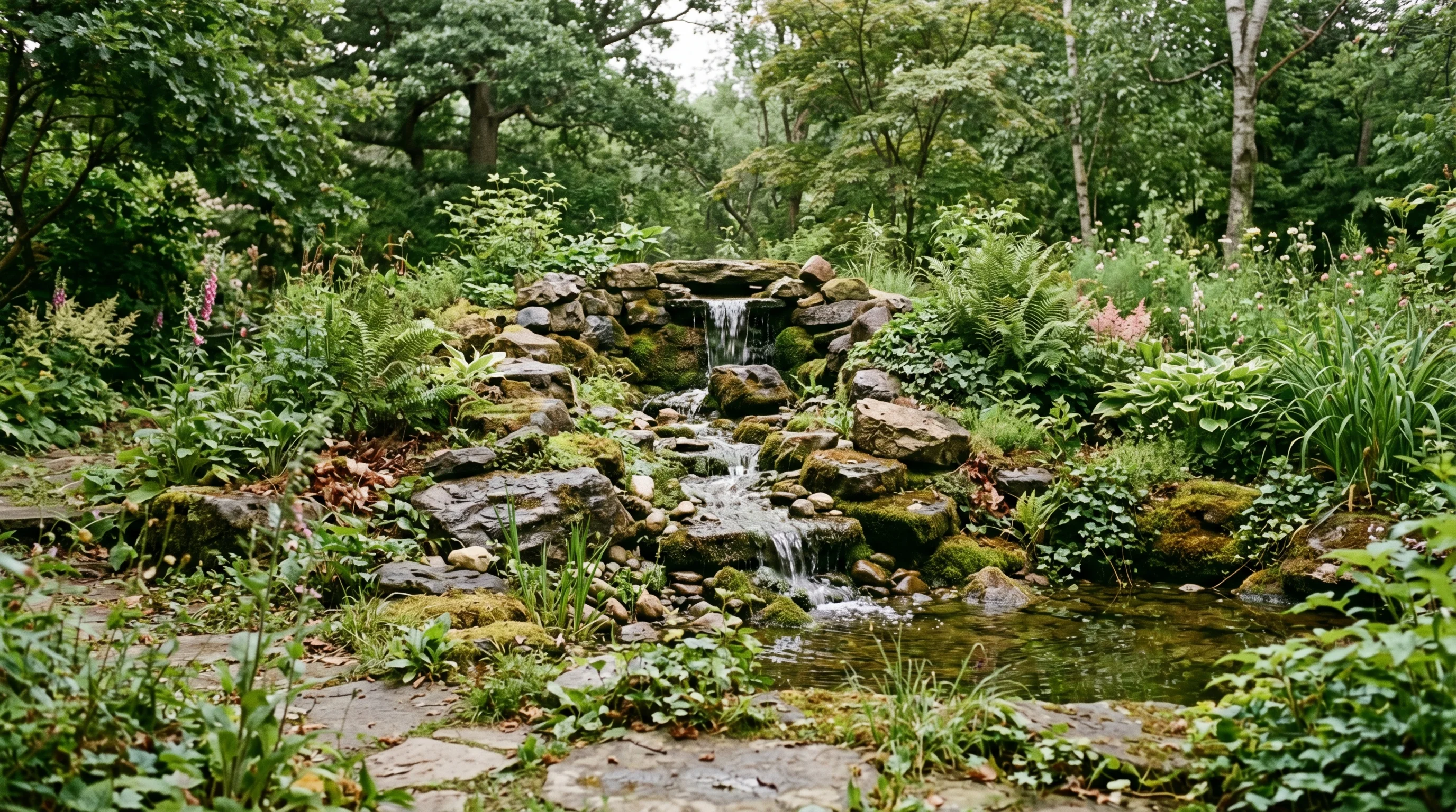 Waterfall with lush planting