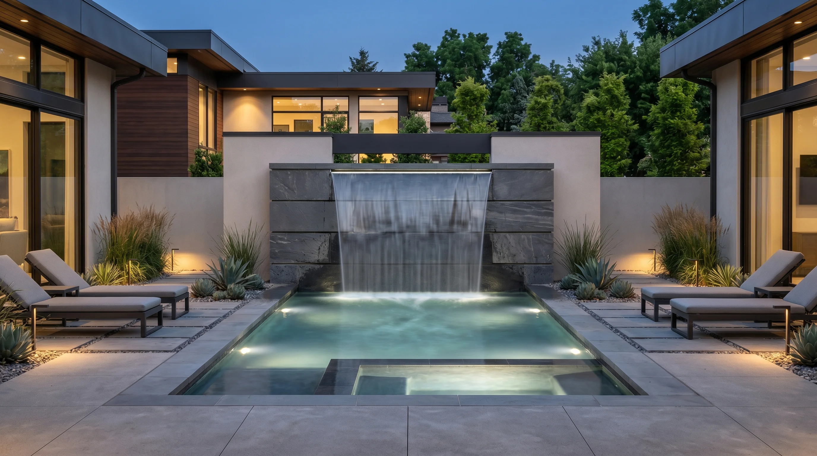 Backyard waterfall with bridge